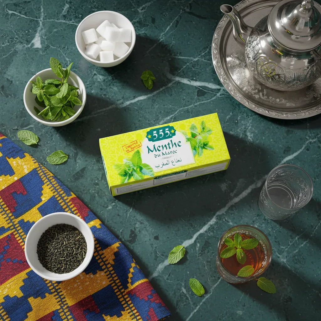 Thé menthe sèche NANA 555 présenté sur une table avec théière, sucre, feuilles de menthe et thé en vrac, ambiance marocaine authentique.